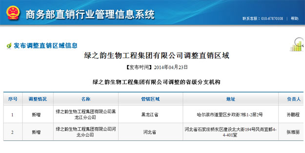 綠之韻獲國(guó)家商務(wù)部批準(zhǔn)，新增黑龍江、河北兩省直銷區(qū)域